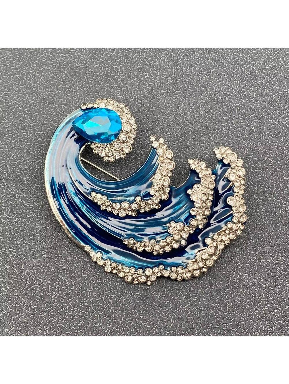 Blue Wave Rhinestone Brooch Pin - Picture 2 of 4